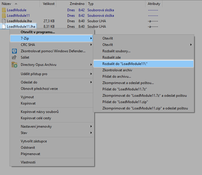Rozbalení lha archivu v oblíbeném 7zipu.