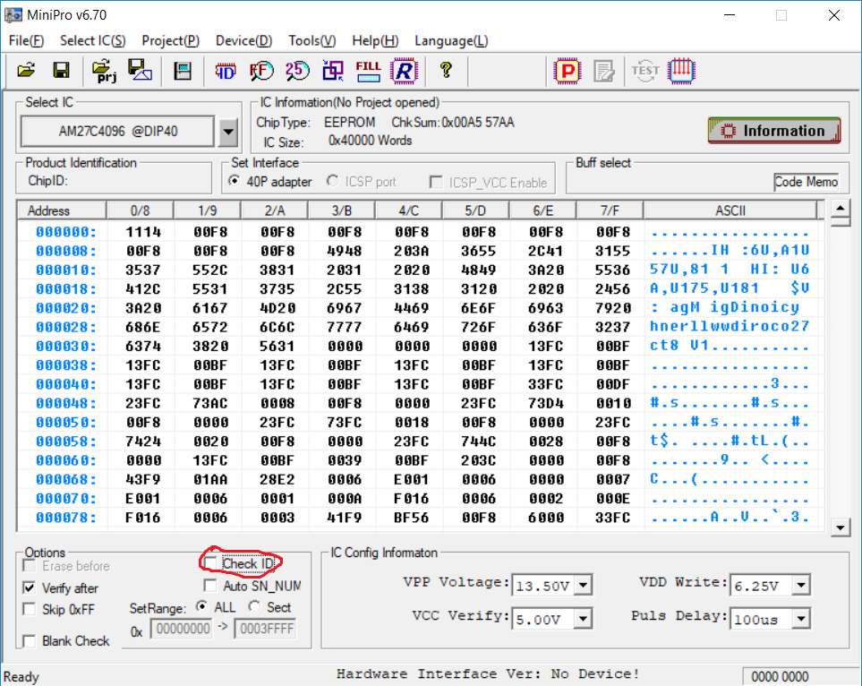 MiniPro – Důležité je vybrat typ eprom v Select IC a odškrtnout Check ID