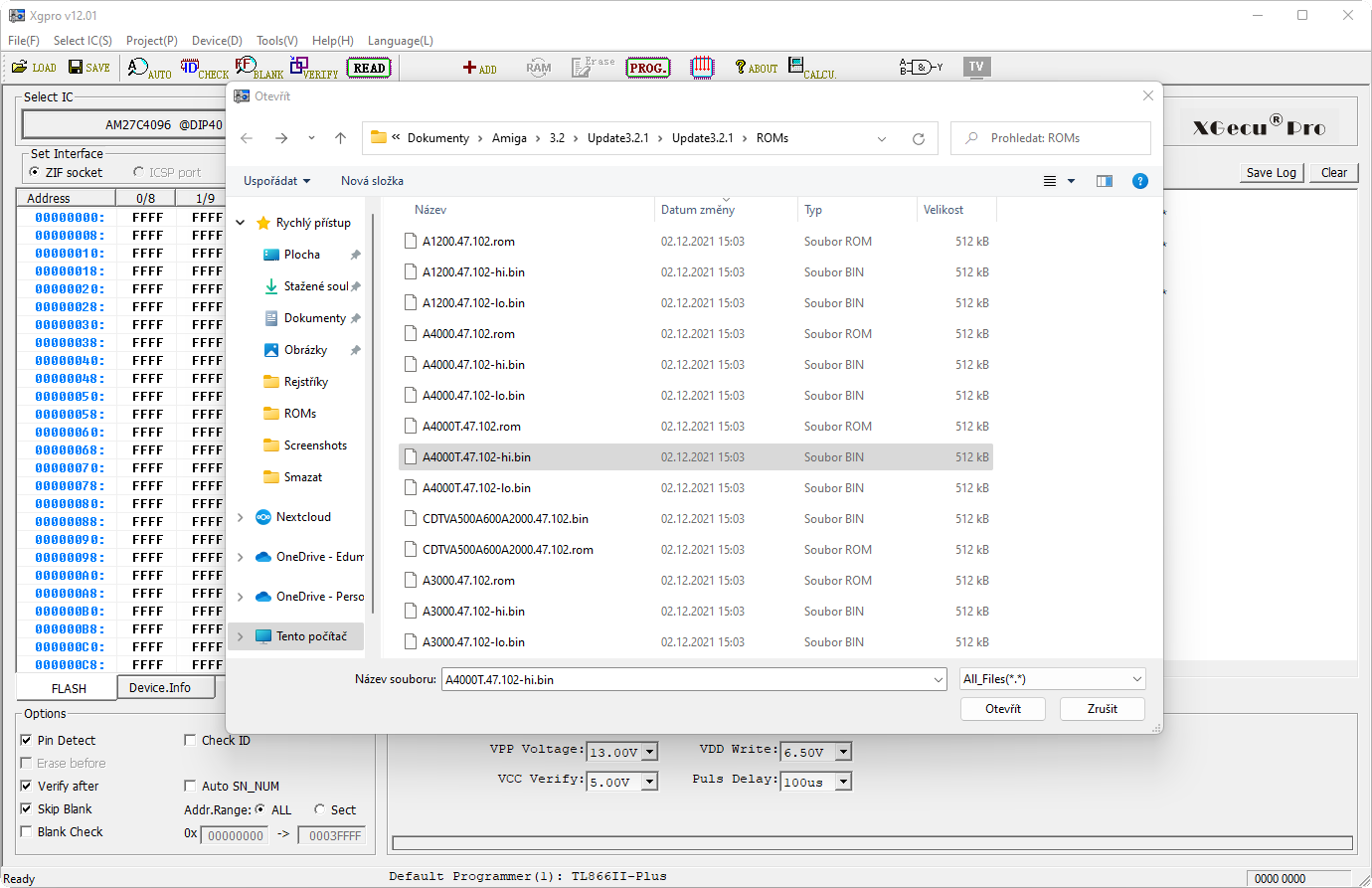 Xgpro - výběr obsahu. Do EPROMEK se nahrávají pouze soubory s koncovkou bin.