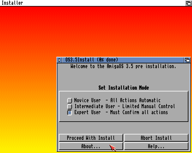 AmigaOS 3.5 - První fáze  instalace (PRE Installation)