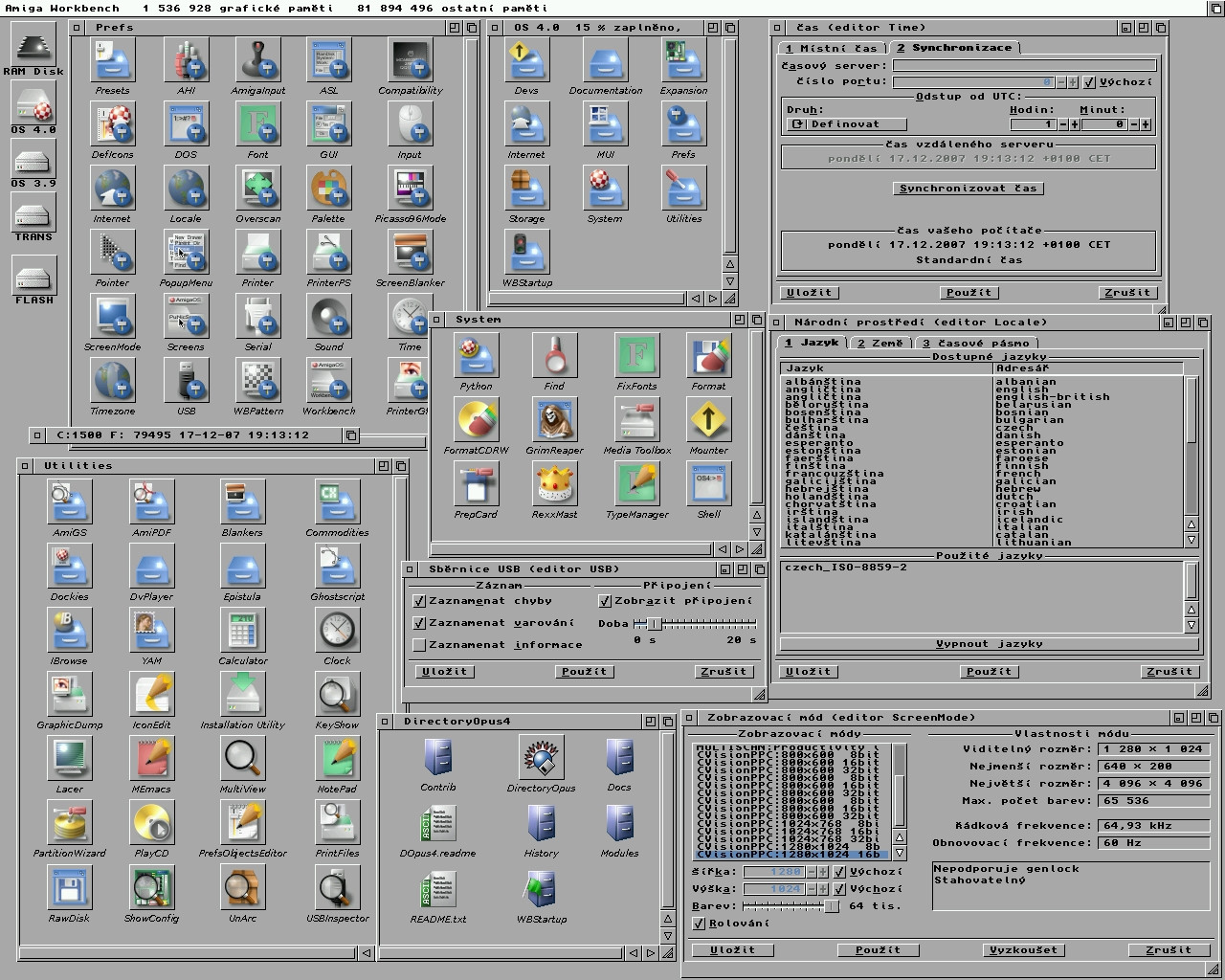 AmigaOS 4.0 - obrazovka Workbenche s redukcí grafických prvků