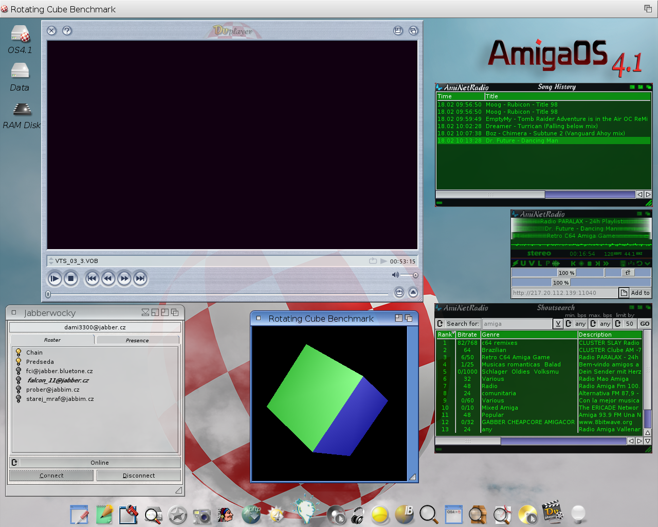 AmigaOS4.1 na Pegasosu2 - AmiNetRadio, TuneNet & Jabberwocky